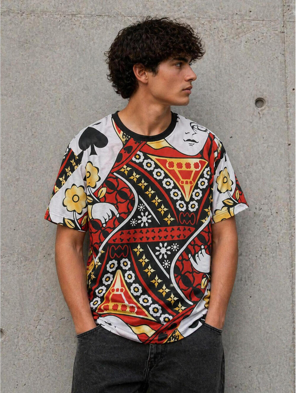 Queen of Hearts Playing Cards Graphic T-Shirt – Red/Black